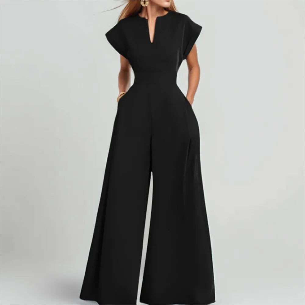 Elegant Women Long Jumpsuit 2024 Summer Wide Leg Pants Romper Casual Short Sleeve Playsuit Holiday Communting Overalls