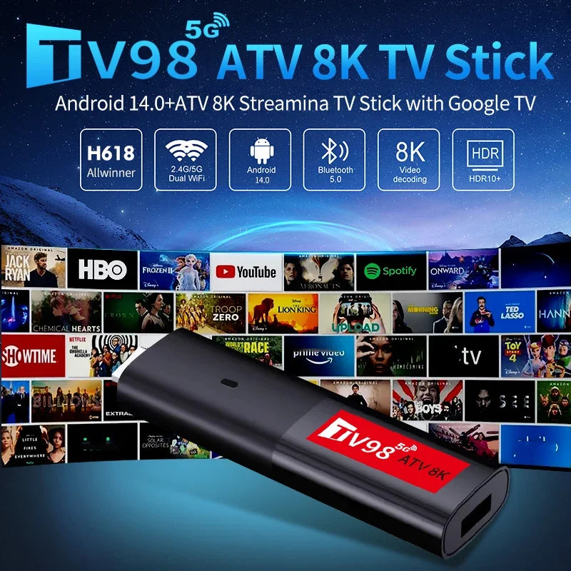 ATV Smart TV Stick Android 14 Support HD 8K Video 4K BT5.0 WiFi 6 Allwinner H618 Quad Core Cortex A53 Voice Remote Smart TV Box