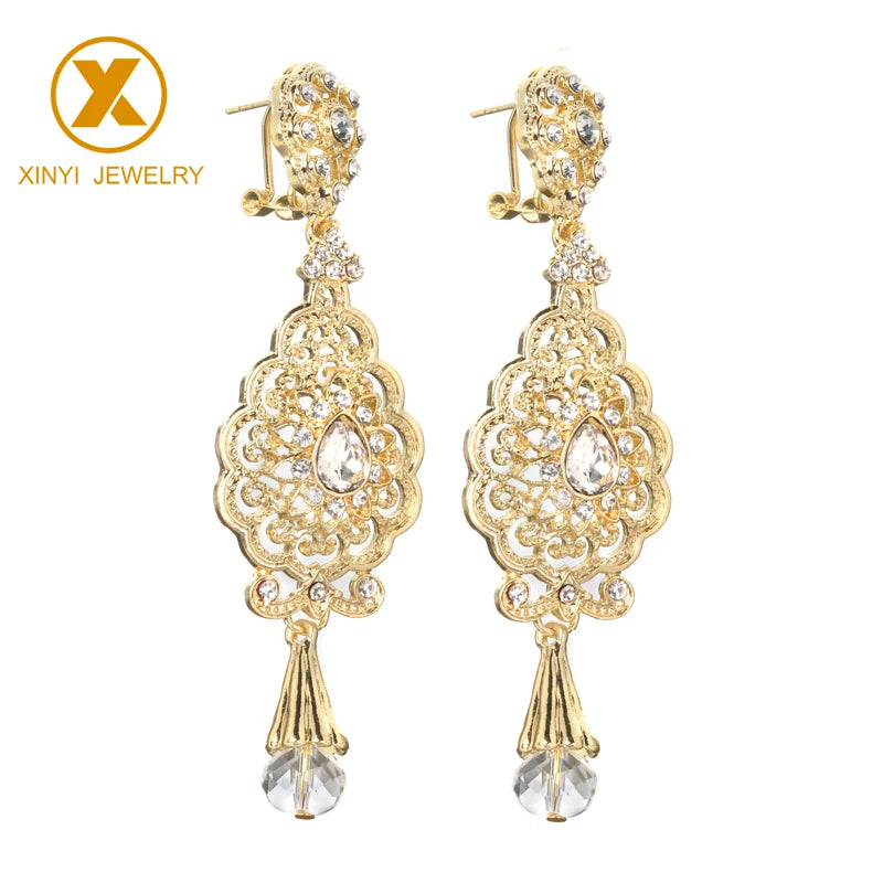 Light Luxury Set Drop Gemstone Cutout Design Earrings Moroccan Girls Gold-Plated Earrings Pendant Bride Wedding jewelry