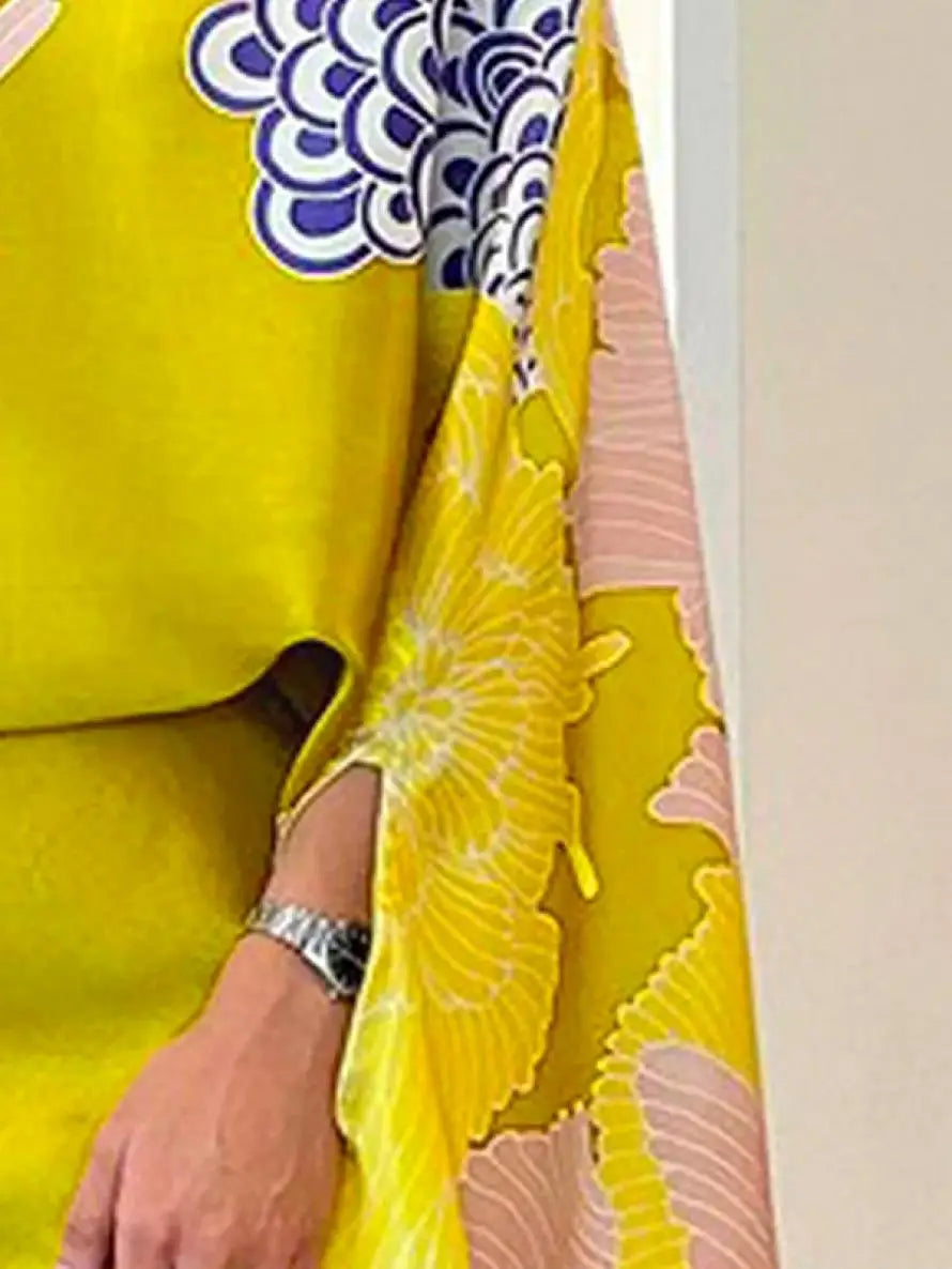 Yeezzi Women Vintage Elegant Flower Printed Batwing Sleeves Blouses & High Waisted  Party Evening A-Line Skirts Sold Separately