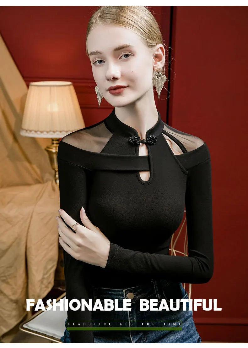 Vintage Irregular Mesh Long Sleeve T-Shirt, Show Collarbone Tops for Fall and Winter, Unique Qipao Base Shirt for Women