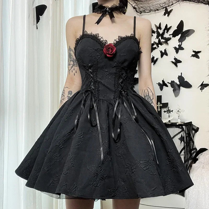 Mall Gothic Emo Jacquard A-line Dresses Goth dress Elegant Grunge Ruched Bandage Partywear Punk Black Women Halloween Club Dress