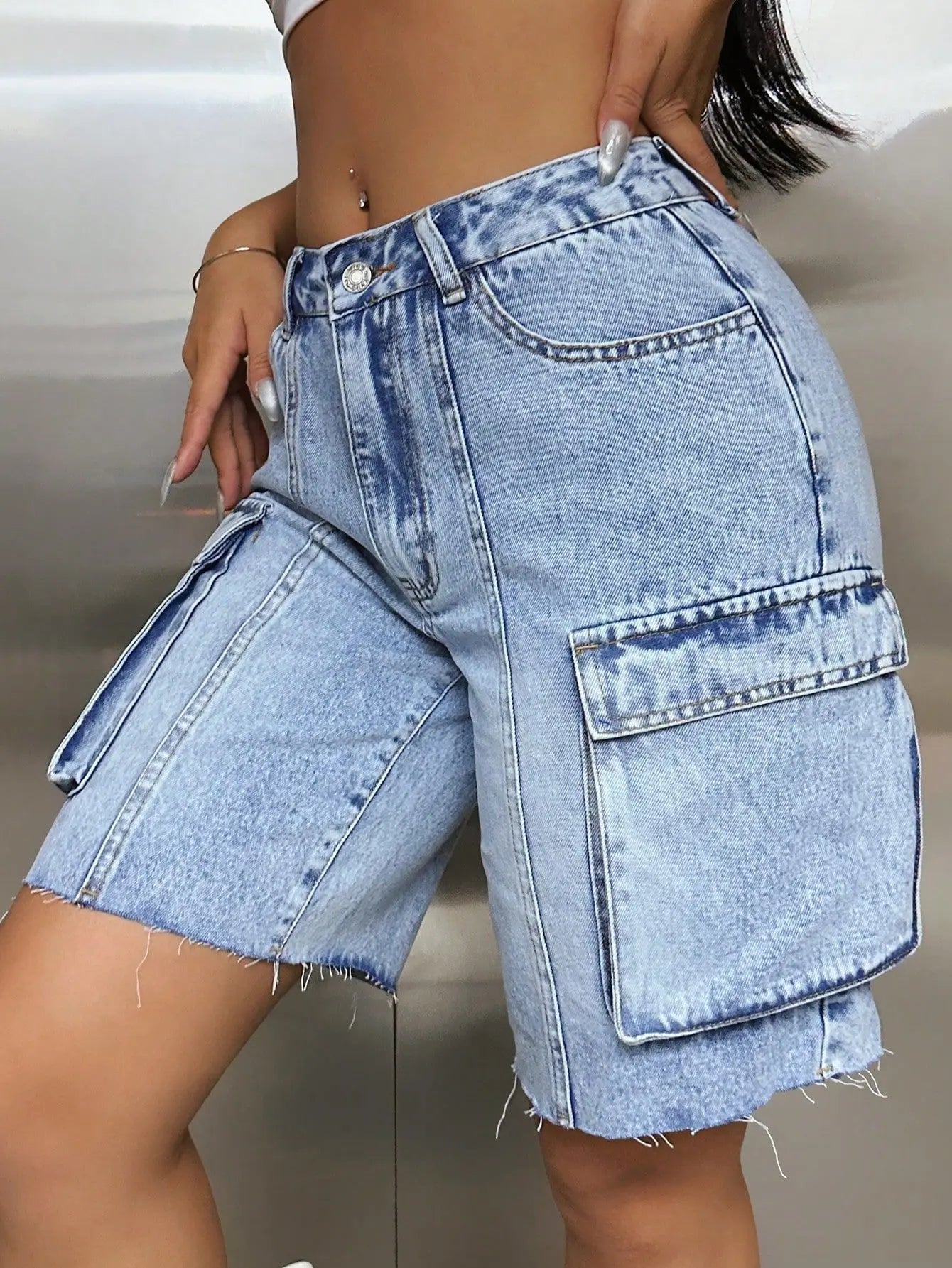 Women's High Waist Big Pocket Loose Tooling Denim Shorts Baggy Jeans Women