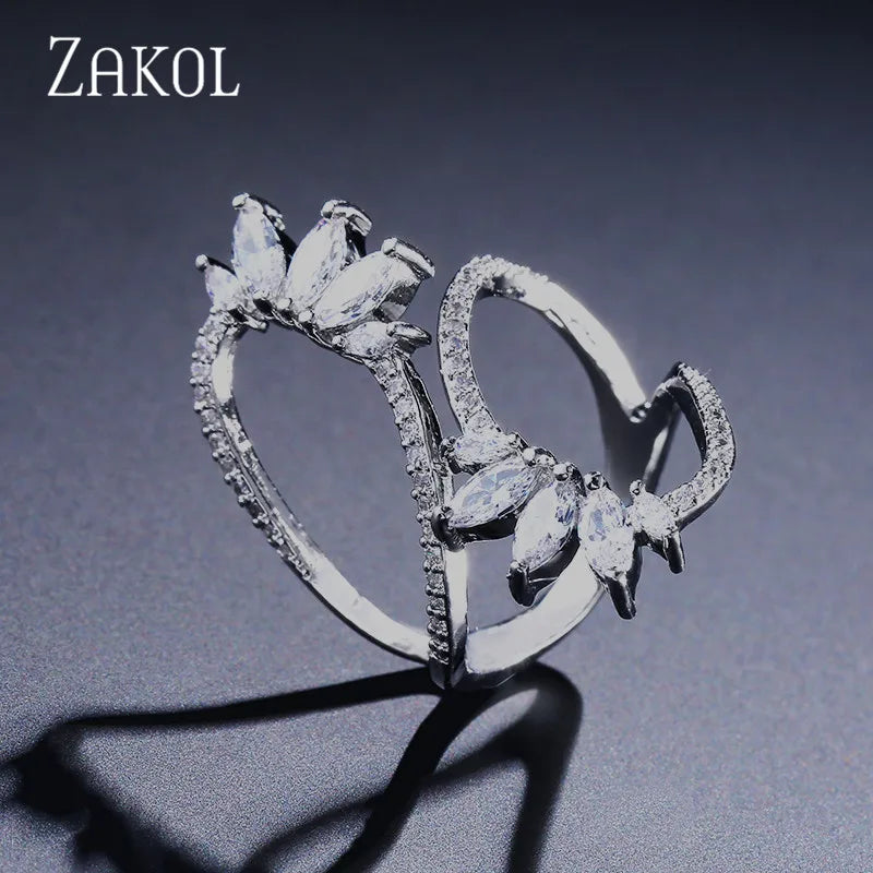 ZAKOL Cute Style White Color CZ Zirconia Leaf Open Rings Geometric Adjustable Ring Jewelry for Women Party Gift RP2015