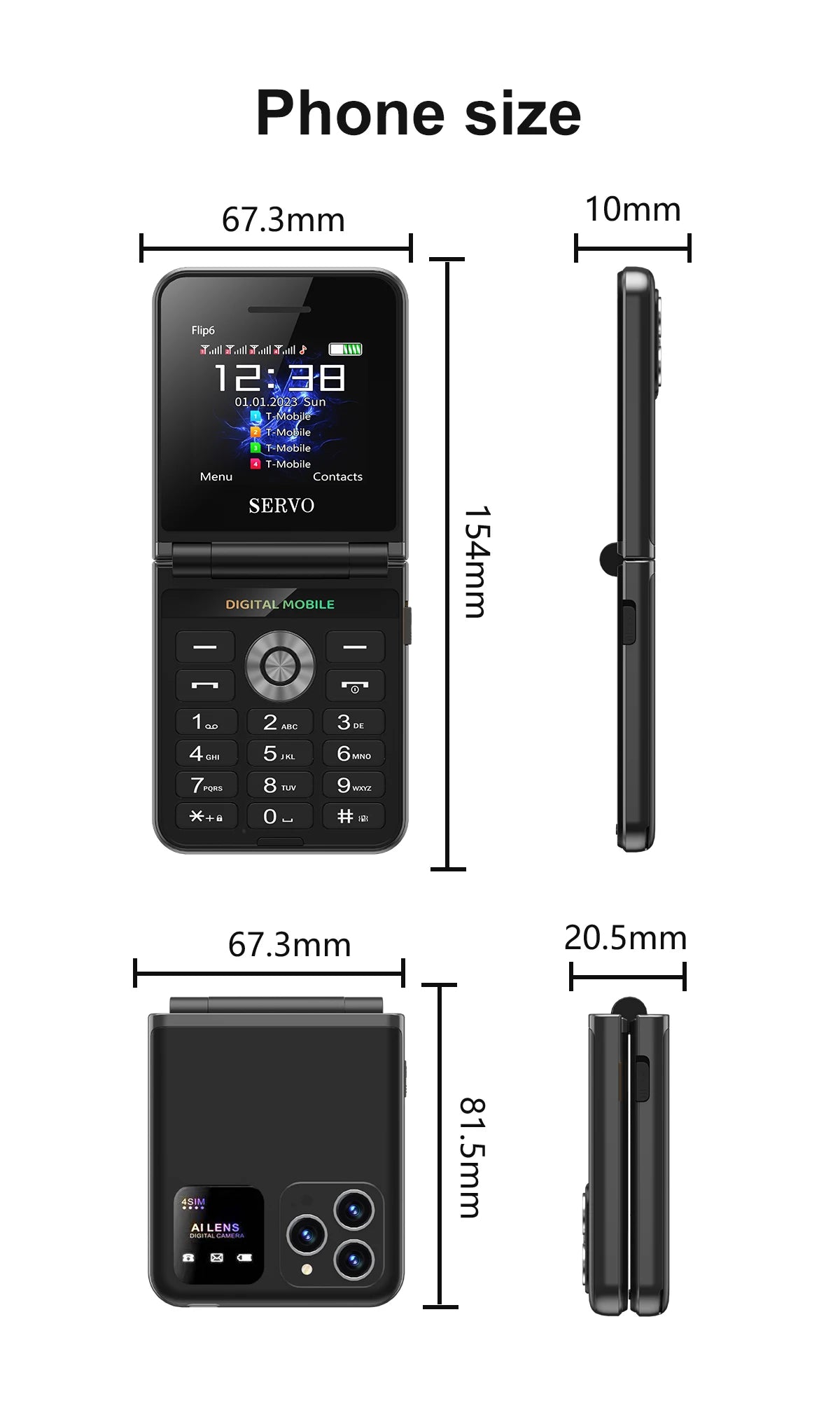 SERVO Flip6 GSM Fold Mobile Phone 4 SIM Card 2.4'' Screen Auto Call Record Button Torch Speed Dial Magic Voice Popular Cellphone