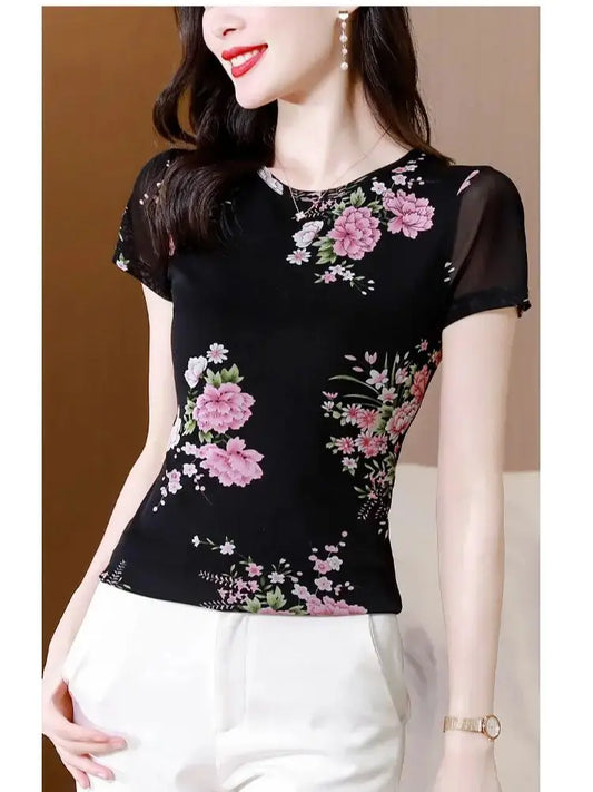 Ladies Spring Summer Clothing Floral Graphic O-Neck Pullovers Short Sleeve Tops Streetwear Women's T-Shirts New
