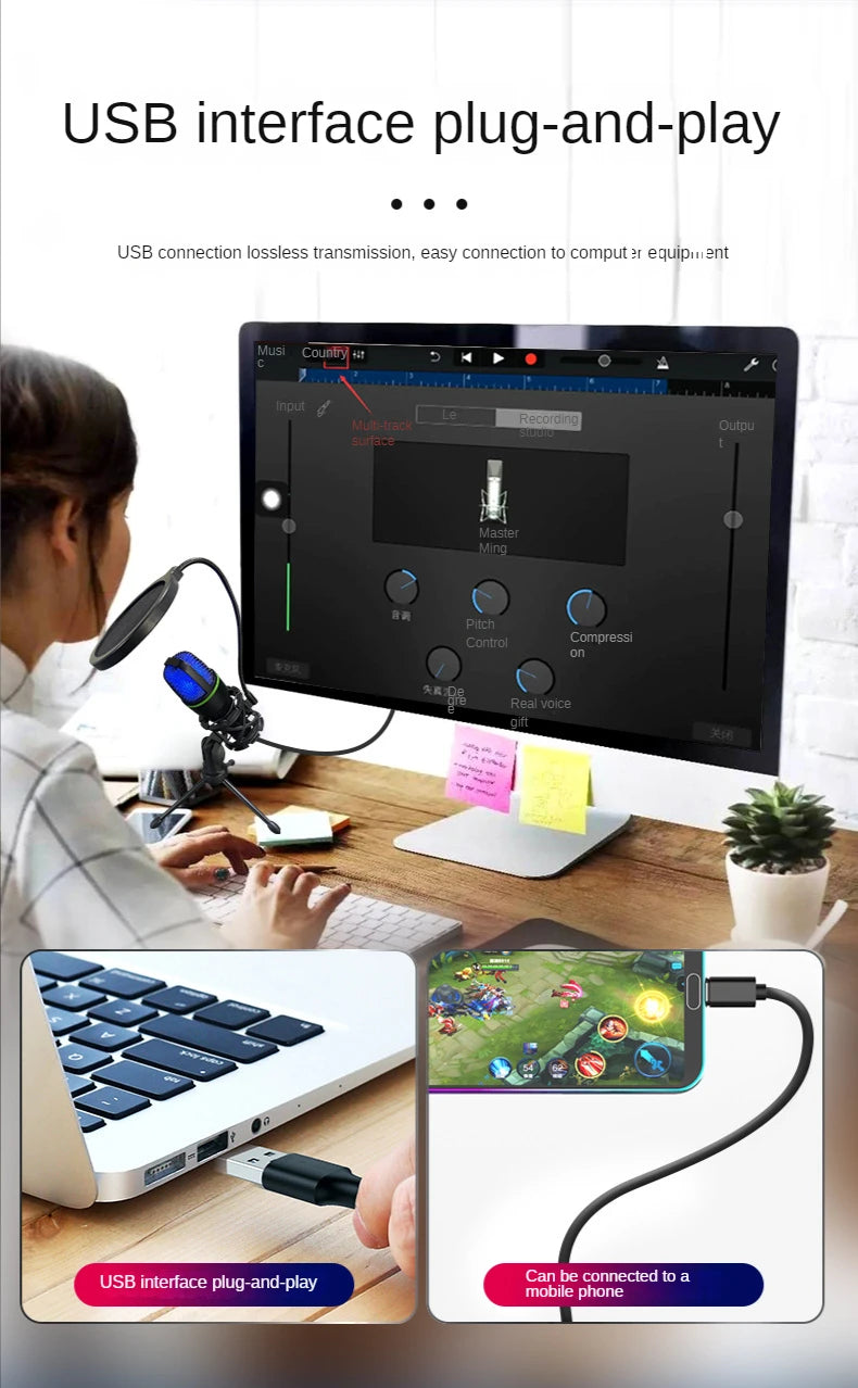 ME4 RGB Condenser Microphone USB Wired Desktop Tripod MIC For Recording Live Gaming Video Noise Reduction Conference Microphone