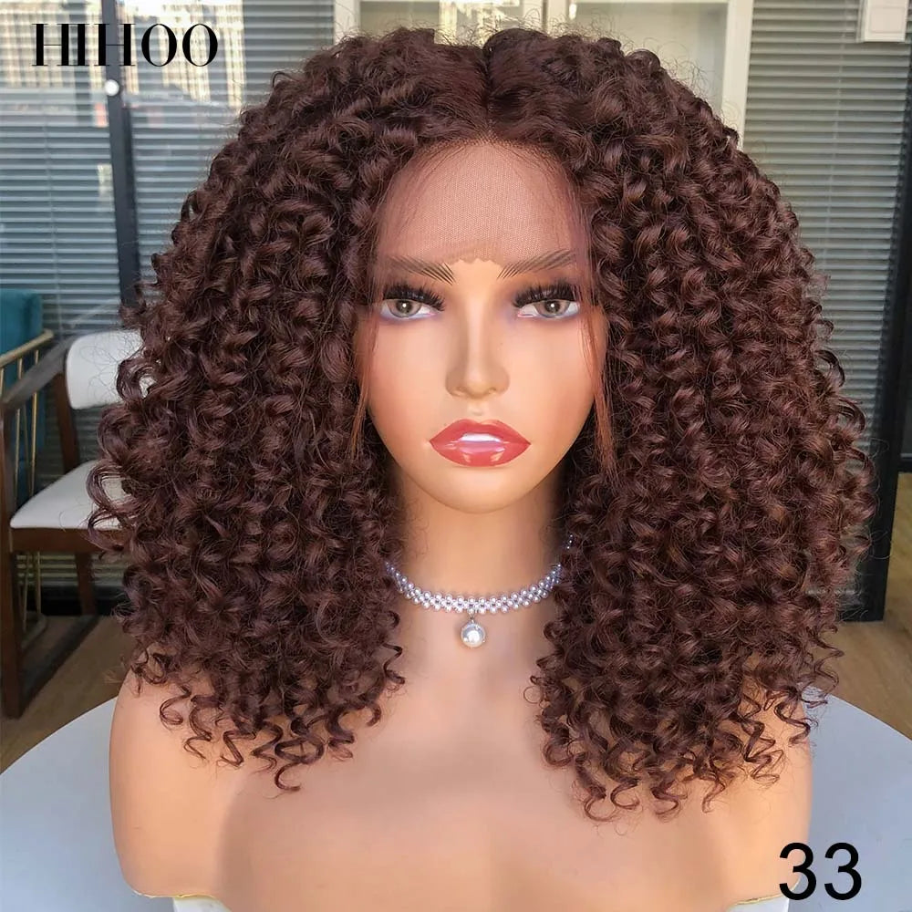 Short Bob Wig Lace Front Wigs for Women Afro Kinky Curly Wigs Ombre Brown Synthetic Middle Nature Hair Black Headgear with Clips