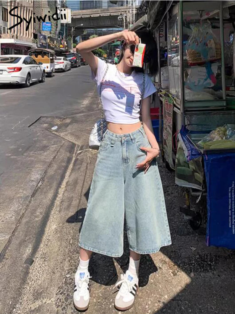 Syiwidii Bermuda Shorts Streetwear American Retro Jeans Fashion Y2k Denim Shorts Women Baggy Jeans High Street Summer Chic Jeans
