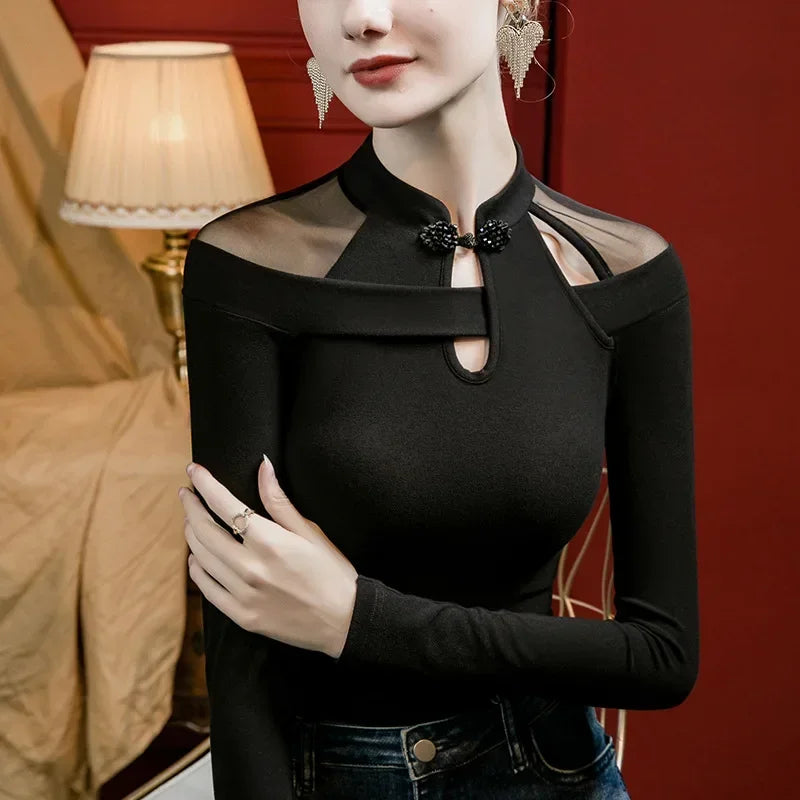 Vintage Irregular Mesh Long Sleeve T-Shirt, Show Collarbone Tops for Fall and Winter, Unique Qipao Base Shirt for Women