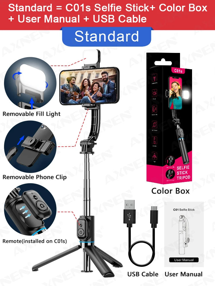 C01s Selfie Stick Tripod with Fill Light, Detachable Phone Bracket Monopod,  Wireless Bluetooth Remote for Huawei iPhone Android