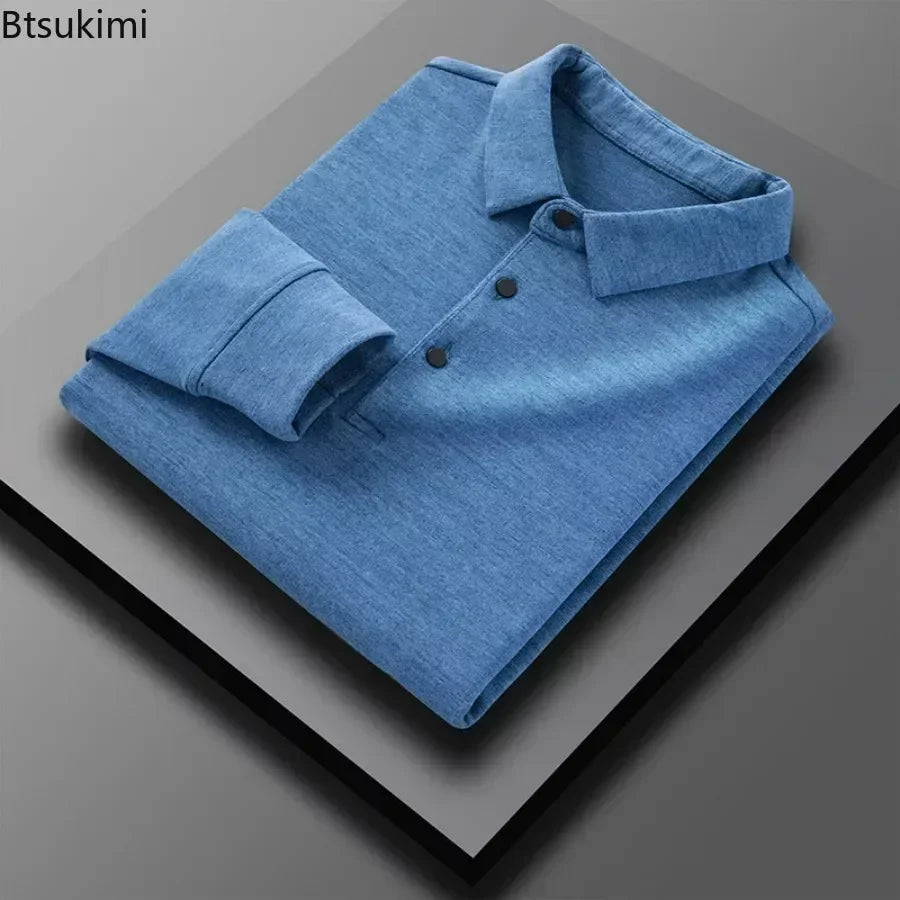 2024 Men's Casual Warm Shirts Tops Solid Autumn Winter Thick Long Sleeve Polo Shirts Male T-Shirt Business Formal Basic Shirts