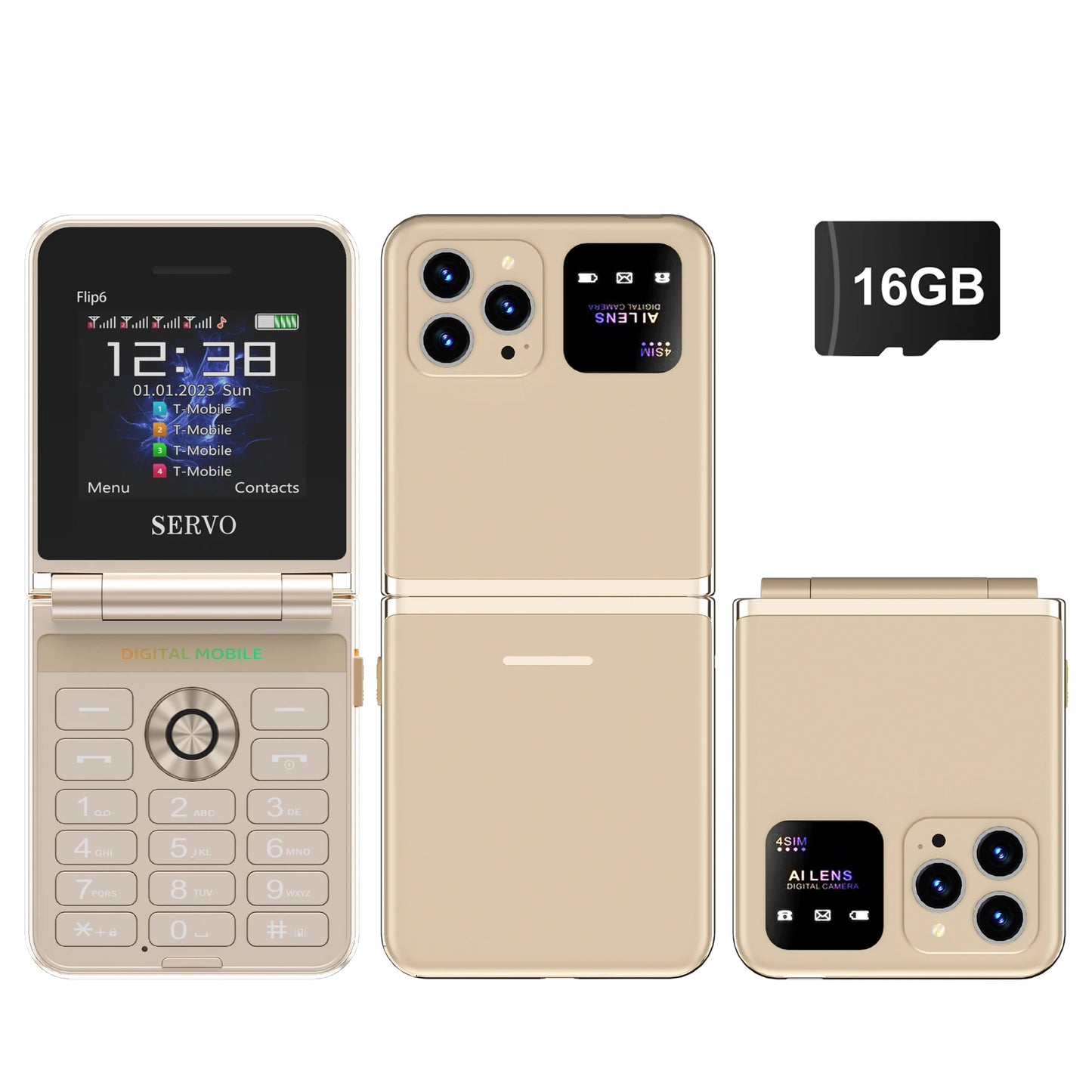 SERVO Flip6 GSM Fold Mobile Phone 4 SIM Card 2.4'' Screen Auto Call Record Button Torch Speed Dial Magic Voice Popular Cellphone