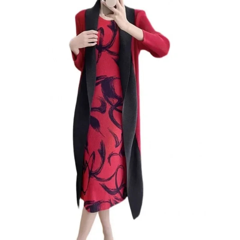 Folded Fake Two Piece Dress 2025 Spring Large Sleeves Round Neck Printed Mom's Dress  Y2k Dress