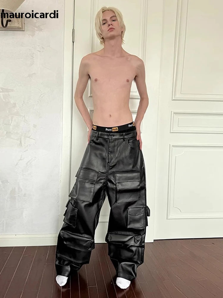 Mauroicardi Autumn Cool Black Pu Leather Straight Cargo Pants for Men Many Three-dimensional Pockets Luxury Designer Clothes