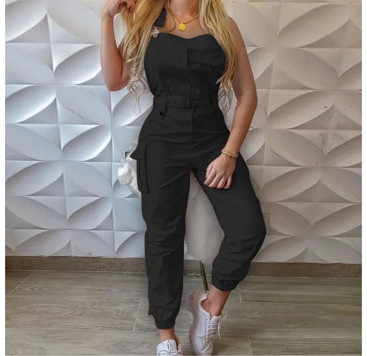 Autumn Women's Clothing Bodysuit Jumpsuit 2023 Simple Zipper Cargo High Waisted Conjoined Body Pants Sleeveless Strap Trousers