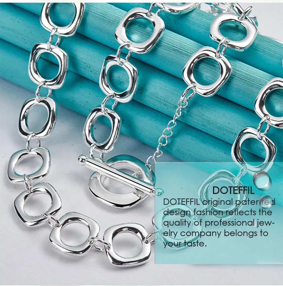 DOTEFFIL 925 Sterling Silver Square Round Chain Necklace For Women Man Charm Wedding Engagement Party Fashion Jewelry