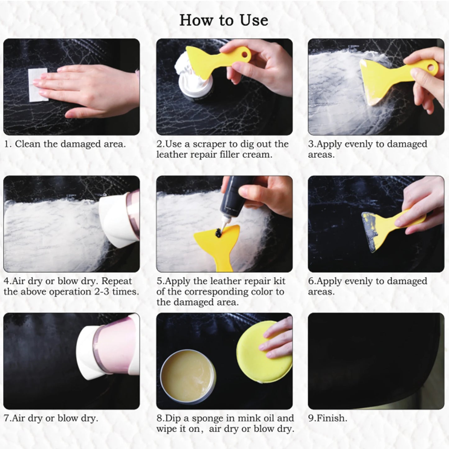 11pcs/set Car Care Kit Liquid Leather Skin Refurbish Repair Tool Auto Seat Sofa Coats Holes Scratch Cracks Restoration Black For