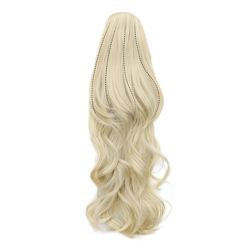 Synthetic 22Inch Long Wavy Curly Layered Ponytail Drawstring Clip in Hairpiece Black Blonde Hair for Women