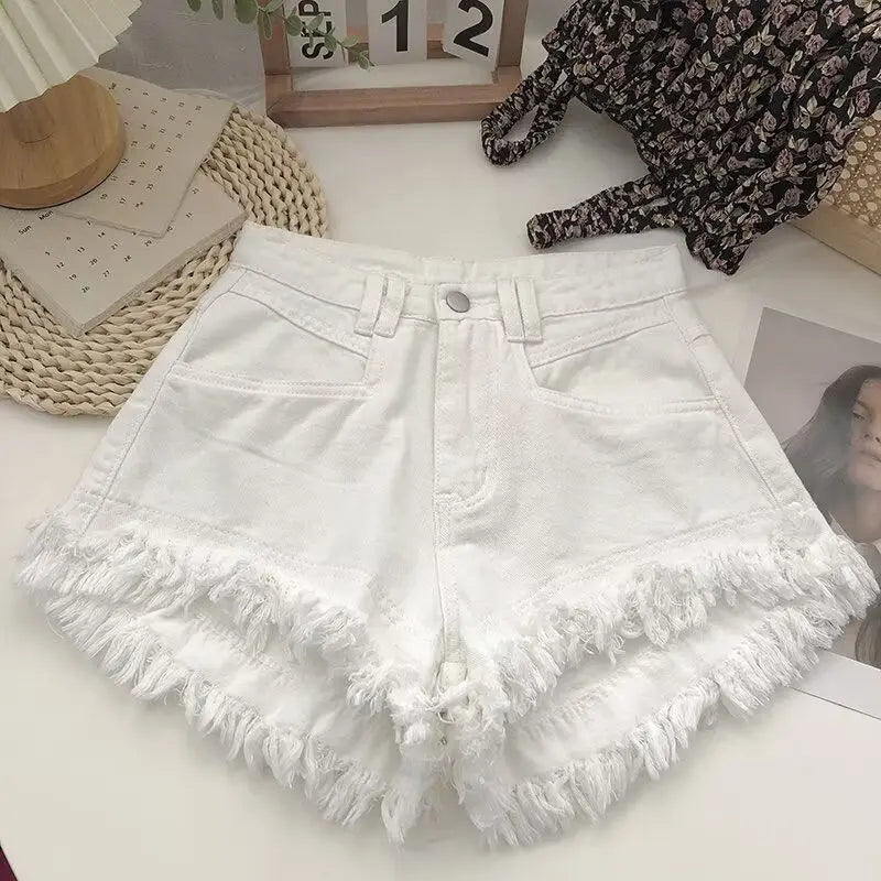 2024 High-waisted Slim Tassel White Denim Raw Shorts Summer 2024 Hot Girl Design New Womens Jean Shorts Шорти
