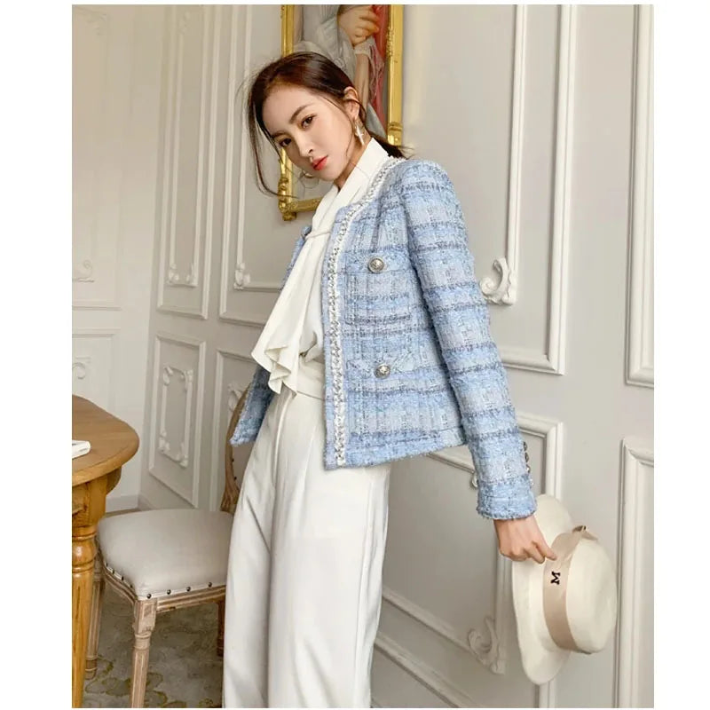 Women' Small fragrance Temperament plaid Coat 2024 Autumn New lady style long-sleeved tassel tweed coat high-end Ladies Jacket