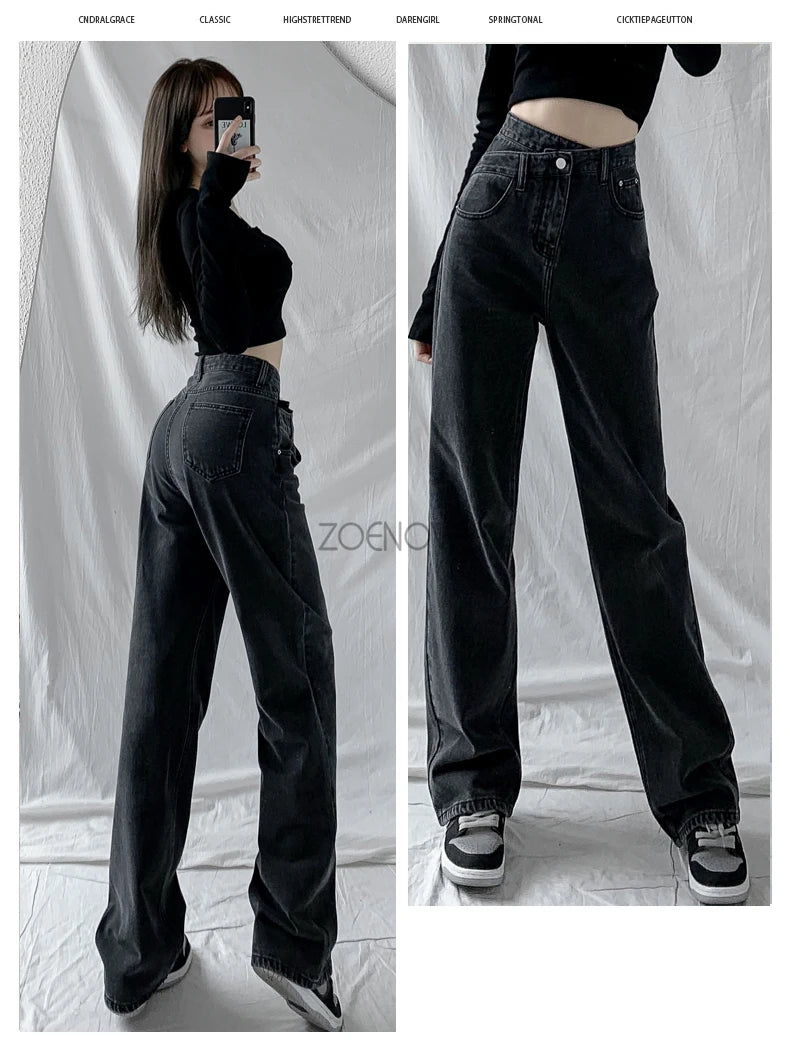 ZOENOVA Y2K 2023 Women Clothing Cross Waist Straight Wide Leg Pants Chic Korean Casual Commuting Style Baggy Streetwear Jeans