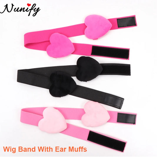 1Pcs Adjustable Elastic Band For Edge Control With Pink Ear Covers Lace Band With Heart-Shaped Ear Muffs Headband With Ear Pads