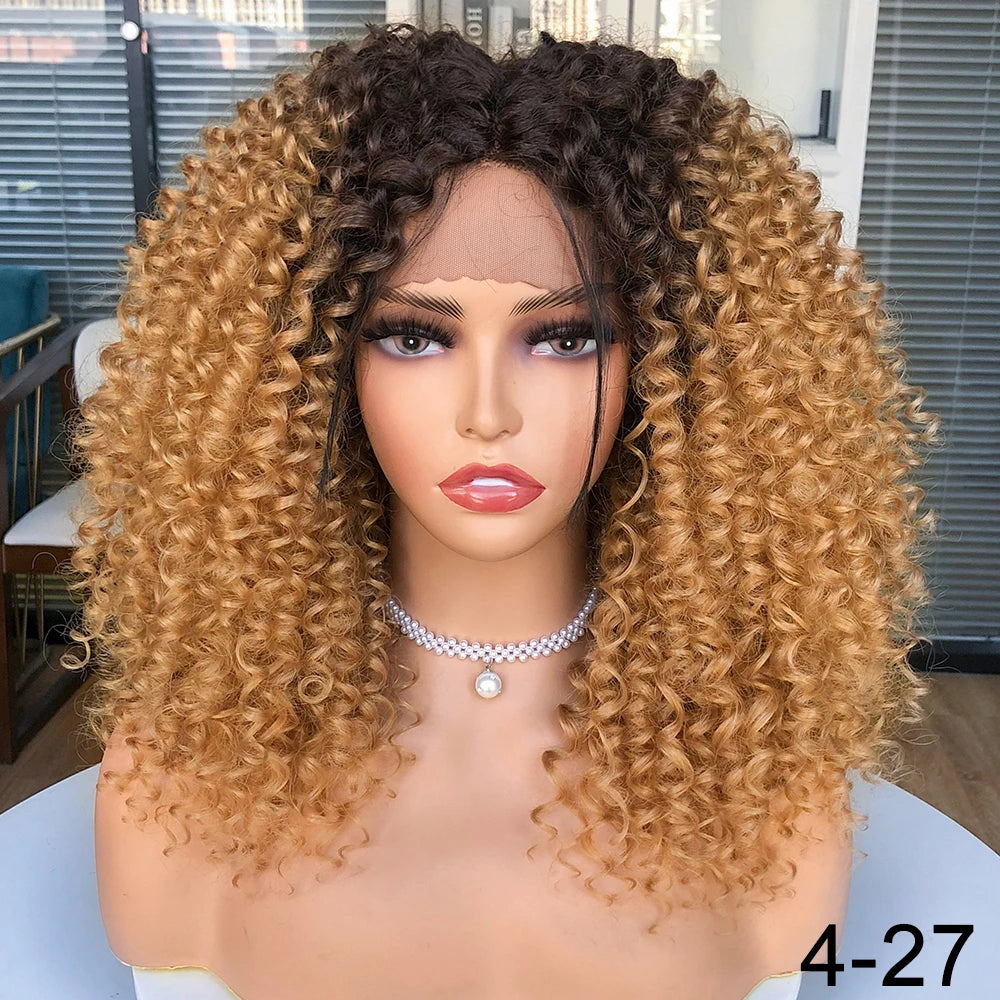 Short Bob Wig Lace Front Wigs for Women Afro Kinky Curly Wigs Ombre Brown Synthetic Middle Nature Hair Black Headgear with Clips