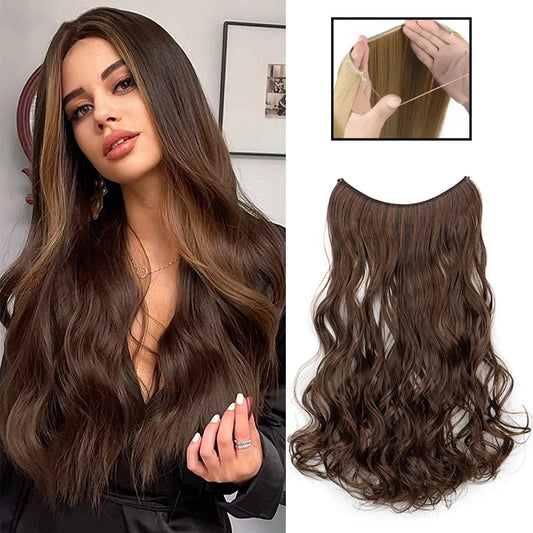 Synthetic 20Inch No Clips Hair Extension Long Curly One Piece Fish Line Fake Hair Black Blonde Hairpiece for Women