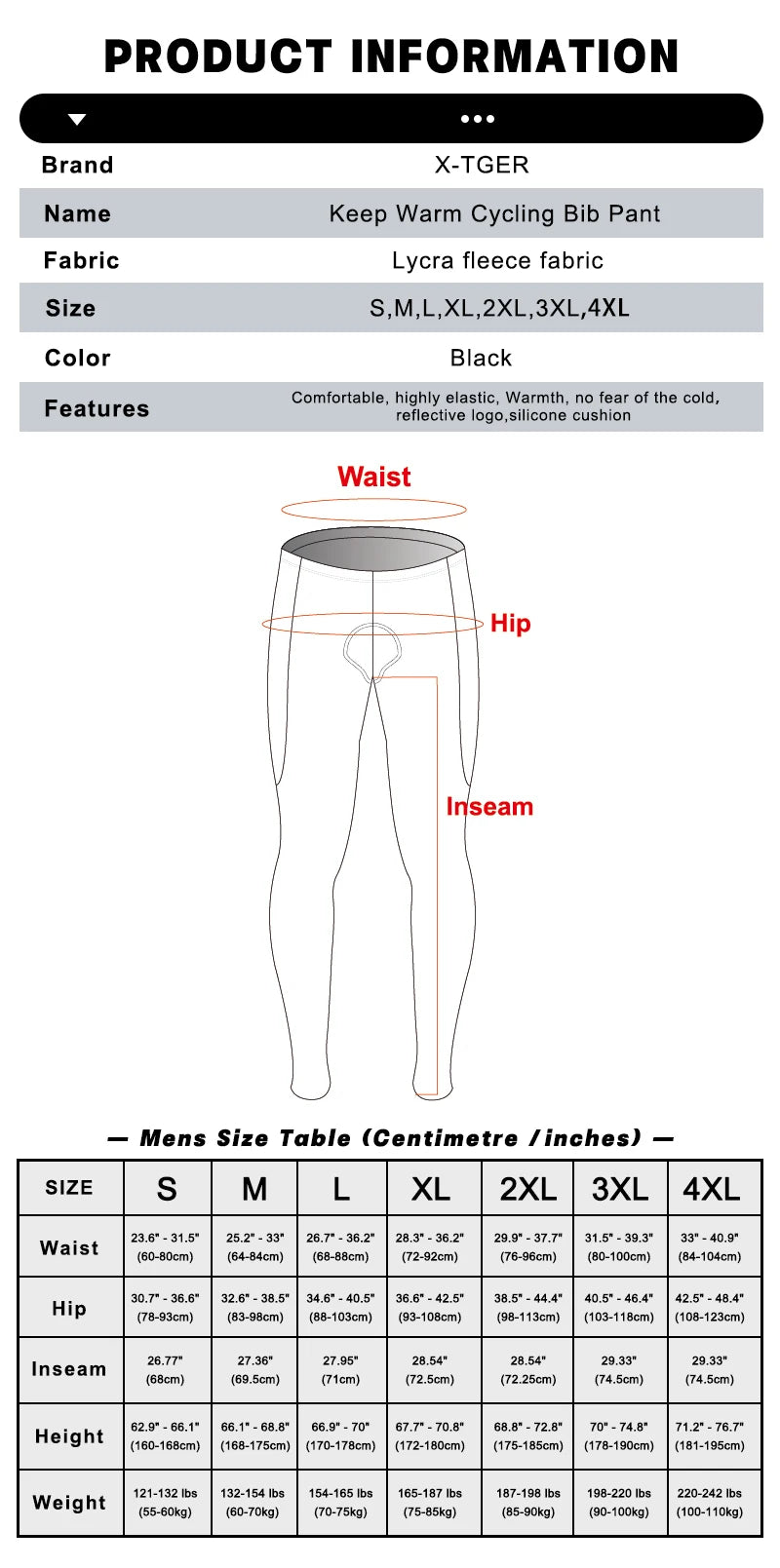 X-TIGER Autumn and winter warm windproof fleece cycling trousers 0-15 degrees bib men's trousers road bike cycling