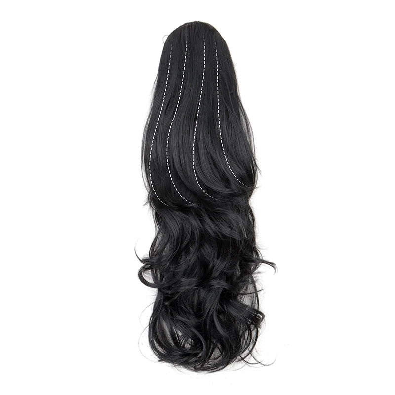Synthetic 22Inch Long Wavy Curly Layered Ponytail Drawstring Clip in Hairpiece Black Blonde Hair for Women