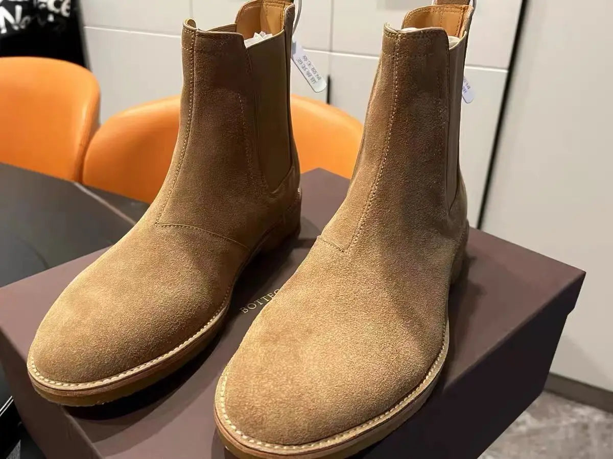 Brown Real Leather Elastic band Slip On Chelsea Boots Low Heels Men's Party Shoes Heel 3cm Wedding Botas