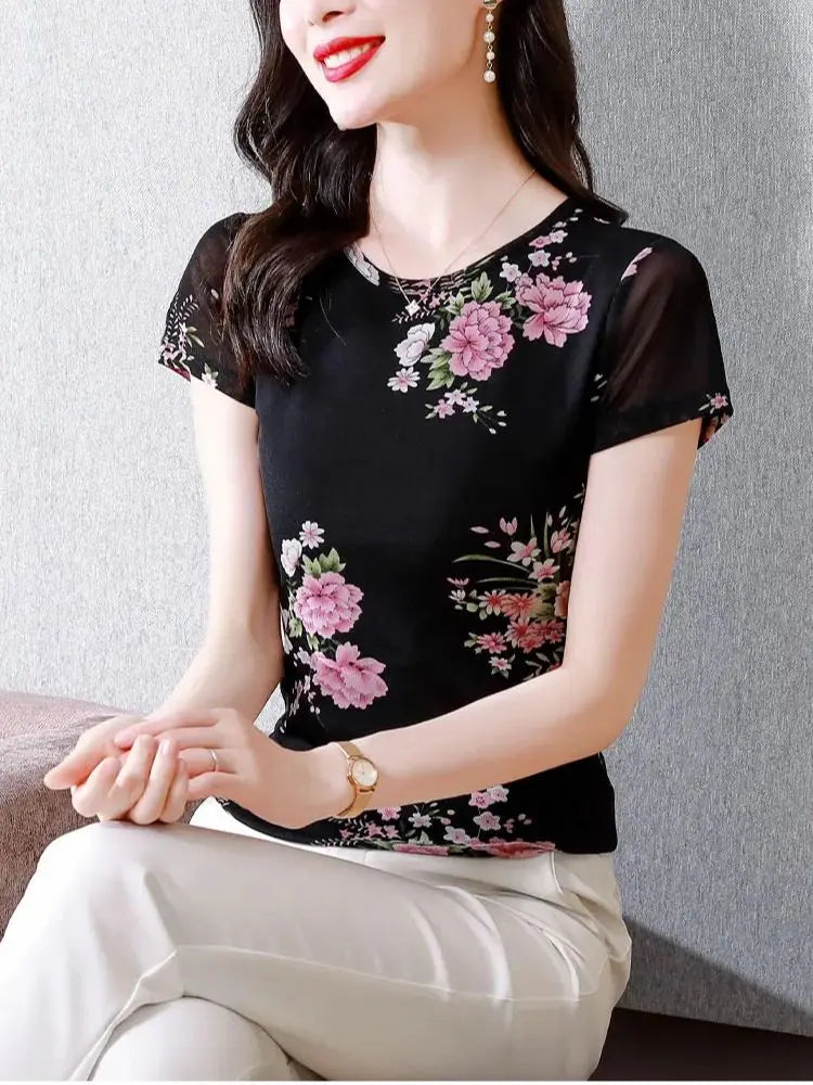 Ladies Spring Summer Clothing Floral Graphic O-Neck Pullovers Short Sleeve Tops Streetwear Women's T-Shirts New