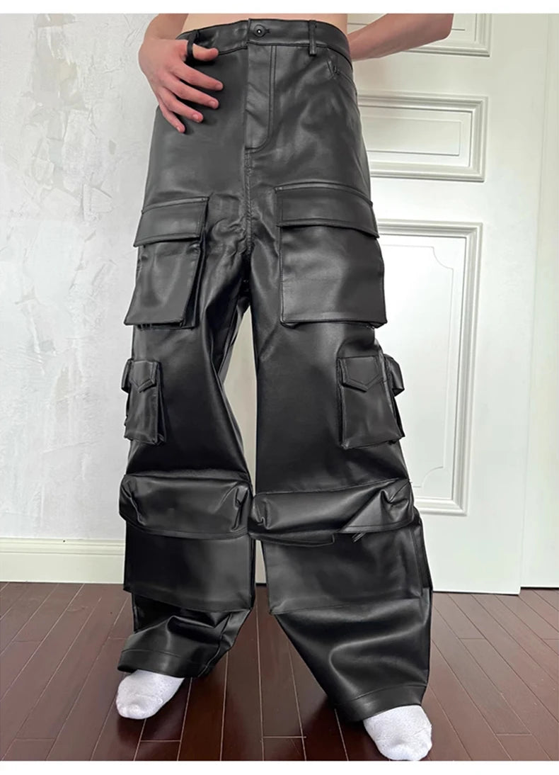 Mauroicardi Autumn Cool Black Pu Leather Straight Cargo Pants for Men Many Three-dimensional Pockets Luxury Designer Clothes