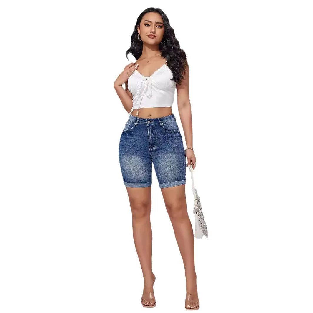 2025 Summer New Women's High Waist Curled Denim Shorts Fashion Casual High Elasticity Slim Knee Length Jeans Shorts