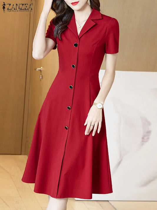 ZANZEA Women Elegant Long Shirt Dress Korean Lapel Collar Party Dress 2024 Summer Waisted Robe Casual Short Sleeve Work Sundress