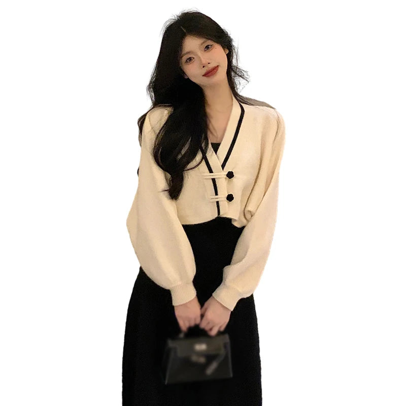 Women's Cardigan Short Coat Korean Version V Neck Contrast Colors Loose Sweet Gentle Chinese Style Knitted Long Sleeves