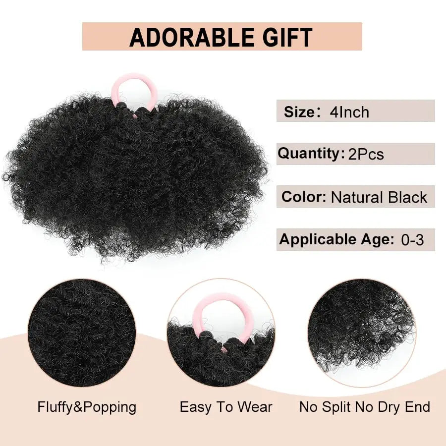 Kids Puff Ponytail Extensions 2Pcs Synthetic Small Afro Kinky Curly Hair Bun For Little Girls Comfortable Lightweight Hairpieces