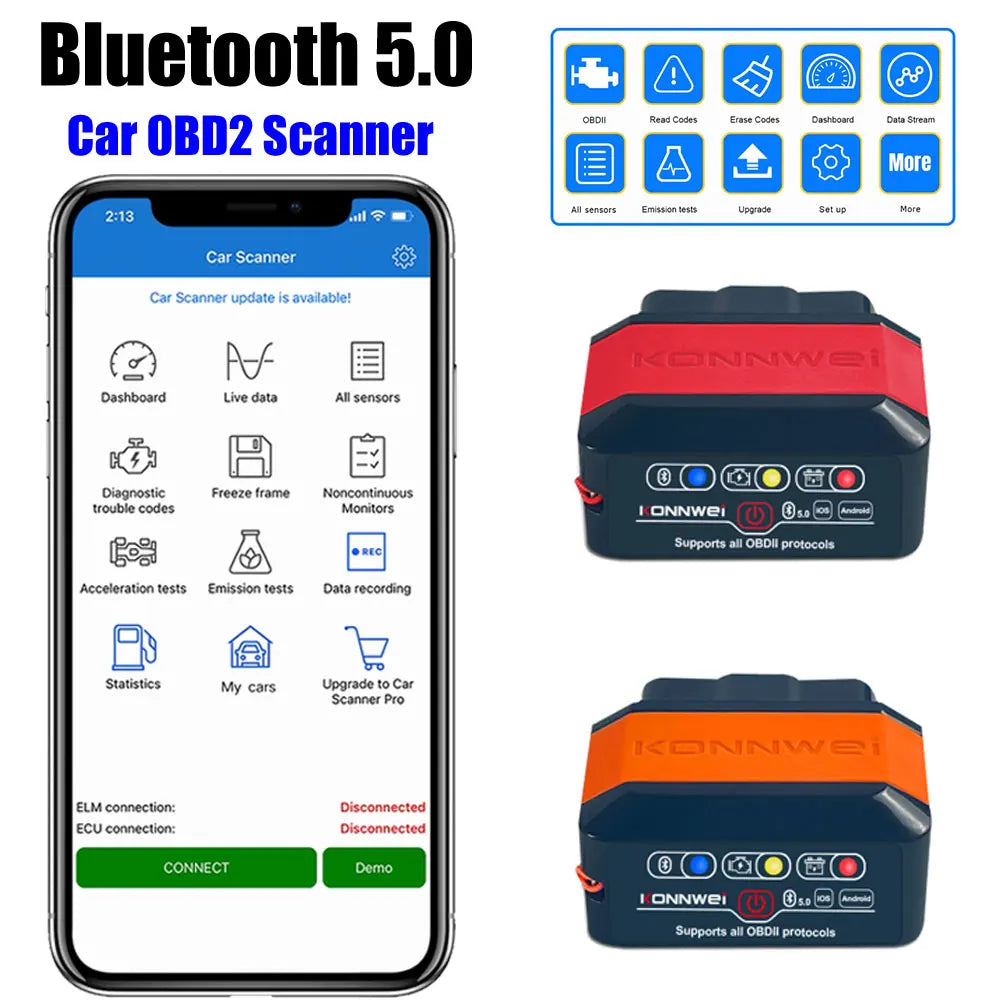 Konnwei Bluetooth 5.0 ELM327 V1.5 OBD2 Scanner KW906 OBDII Auto Diagnostic-Tools ELM 327 V 1.5 OBD 2 Car Code Readers Scan Tools
