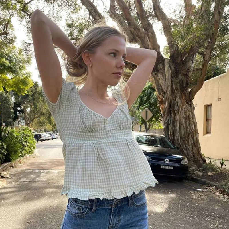 Xingqing Ruffle Top Buttons y2k Kawaii Women Crop Tops Cute E-girl Short Sleeve Tshirt Sweet Fairy Core Clothes Summer 2024 Vest