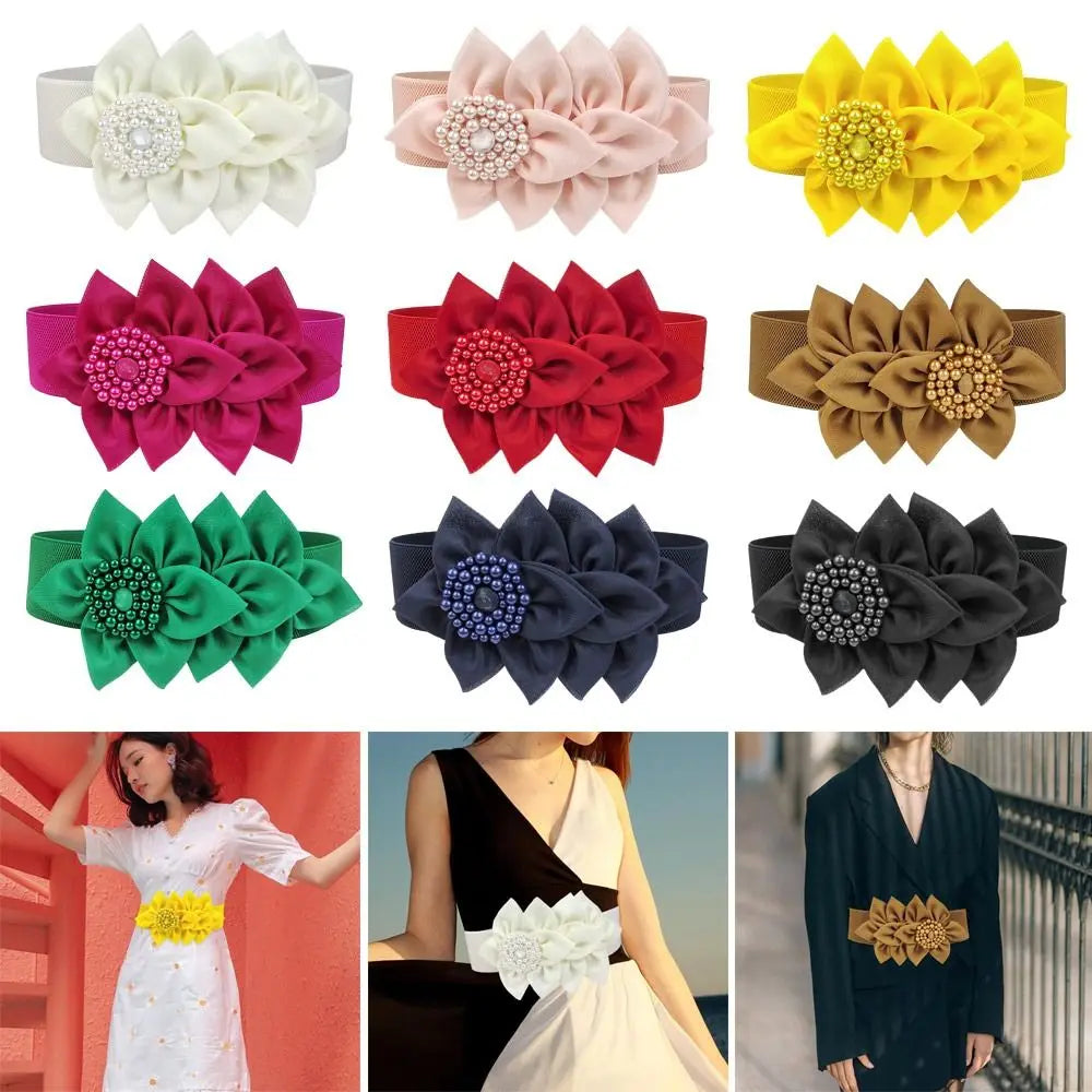 Fashion Women Stretch Waistband Flower Decoration Wide Waist Belt Dress Coat Suit Decorative Waistband