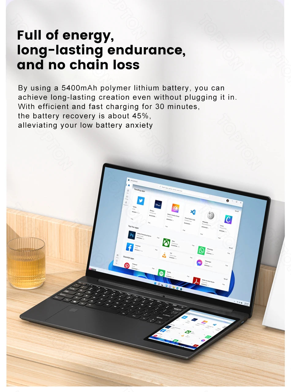 Topton L10 Dual Screen Laptop 15.6 Inch IPS + 7'' Touch 12th Gen Intel N100 Max 32G DDR4 2T SSD Slim Office Notebook PC Computer