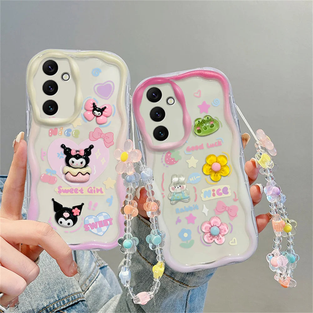 Kuromi Rabbit Phone Case For Samsung Galaxy A10S A71 A72 A73 F04 F12 F54 M04 M12 M22 M32 M54 5G Flowers Wrist Strap Curly Cover