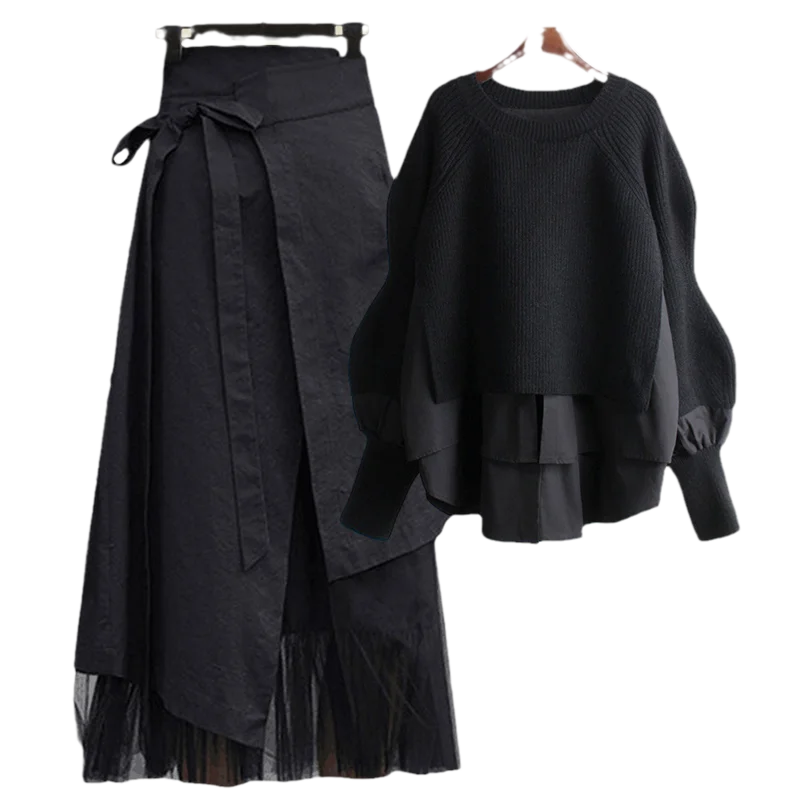 Women's Spring Autumn New Fashion Fake Two Piece Knit Sweater+Strap A-line Skirt Suit Korean Elegant Pullover Dress Matching Set