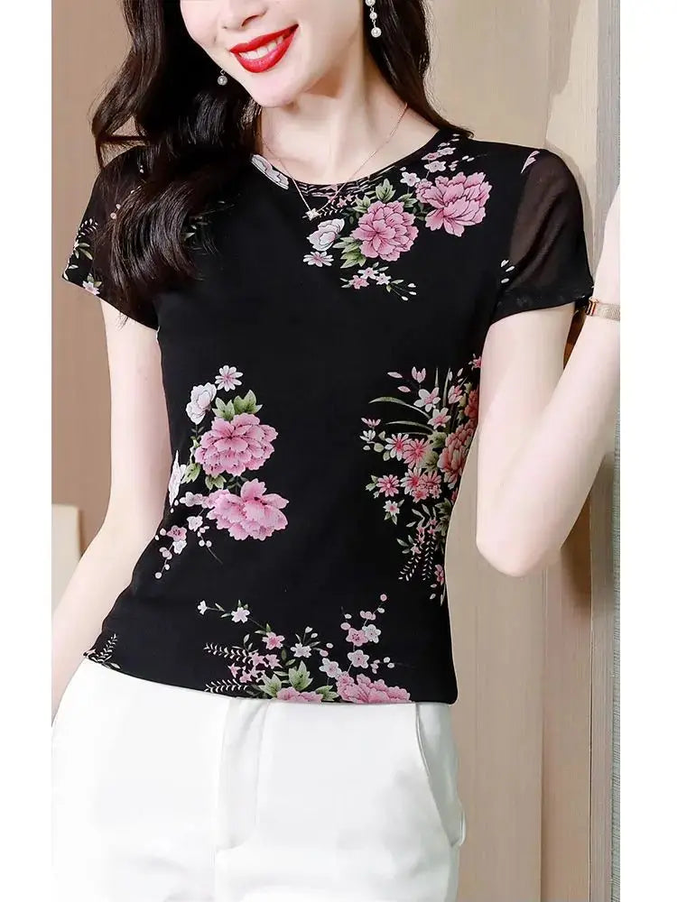 Ladies Spring Summer Clothing Floral Graphic O-Neck Pullovers Short Sleeve Tops Streetwear Women's T-Shirts New