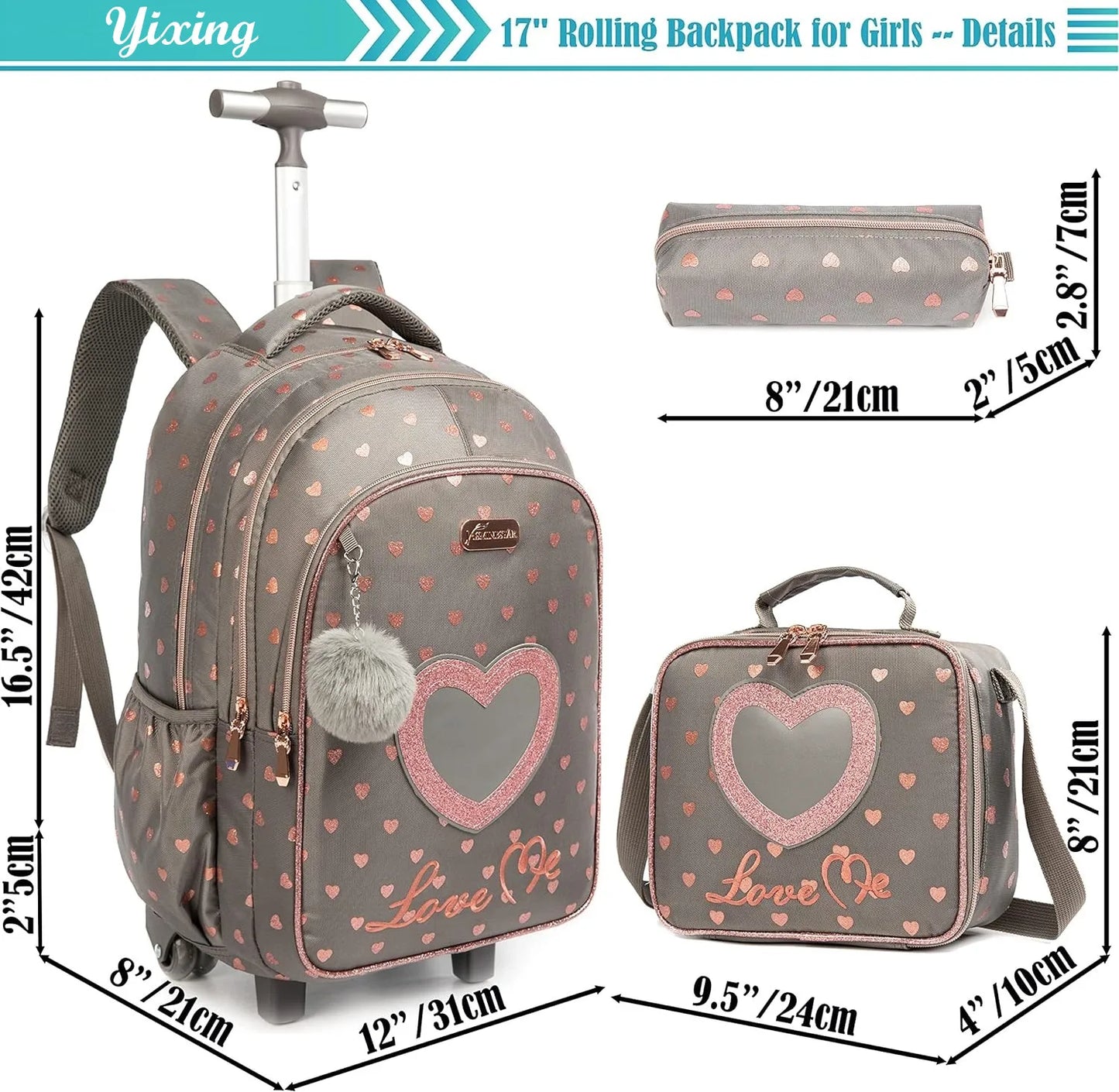 Children's Wheeled Backpack Bag Set with Lunch Box School Rolling Backpack Bag with Wheels School Trolley Backpack Bag for Girls