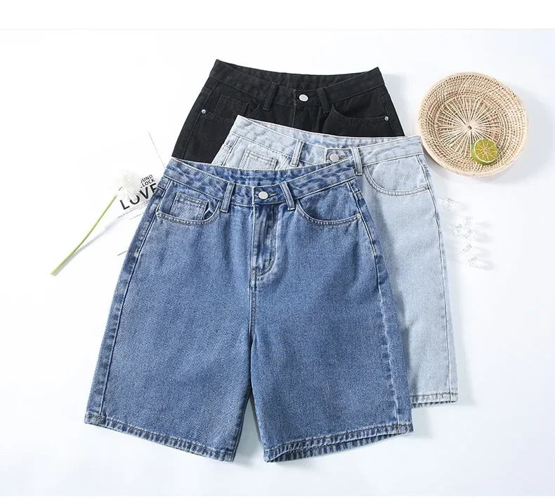 Korean Style Classic Denim Shorts Women Summer Blue High Waisted Shorts Wide Leg Pants Streetwear Stright Jeans Womens Shorts