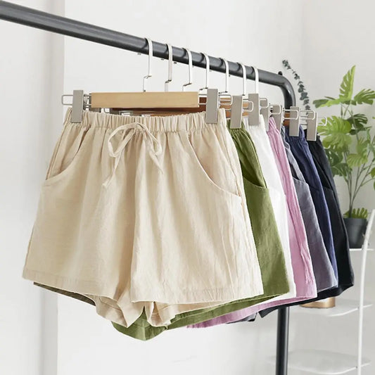 Women Drawstring Casual Short Pants High Waist Solid Color Pockets Thin Linen Wide Leg Women Casual Shorts Outdoor Streetwear