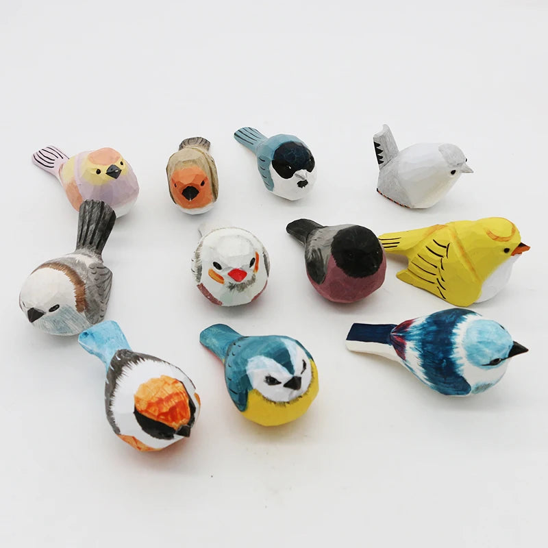 Cute Wooden Bird Figurine Ornaments Painted Hand Carved Wood Birds Statue Carving Animals Miniature Crafts Table Decorate Gifts