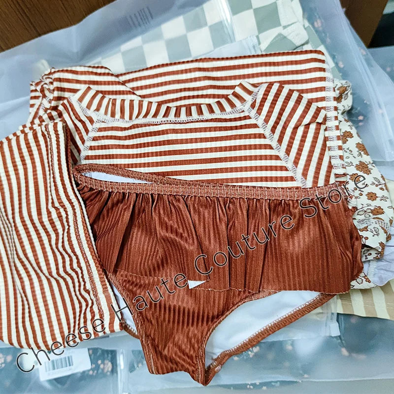 RC Baby Girls Swimwears 1-12y Kids Long Sleeve Sunscreen Floral Toddler Swimming Swimsuit Striped Bikini Suits 2022 Hot Clothes